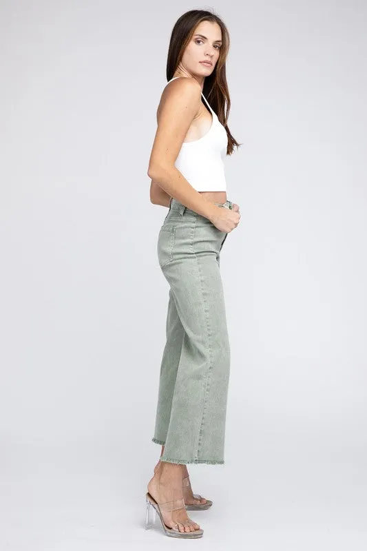 Acid Wash Frayed Cutoff Hem Straight Wide Pants -online exclusive