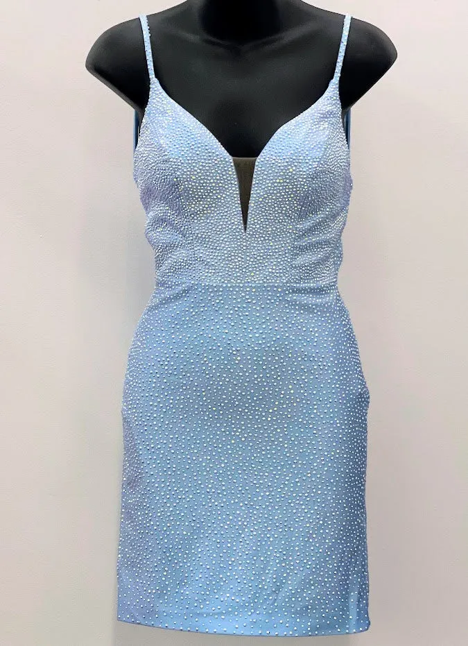 Amarra 87118 Size 00 Light Blue Short fitted Rhinestone Embellished Formal Cocktail Dress Backless Bow