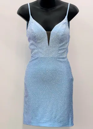 Amarra 87118 Size 00 Light Blue Short fitted Rhinestone Embellished Formal Cocktail Dress Backless Bow