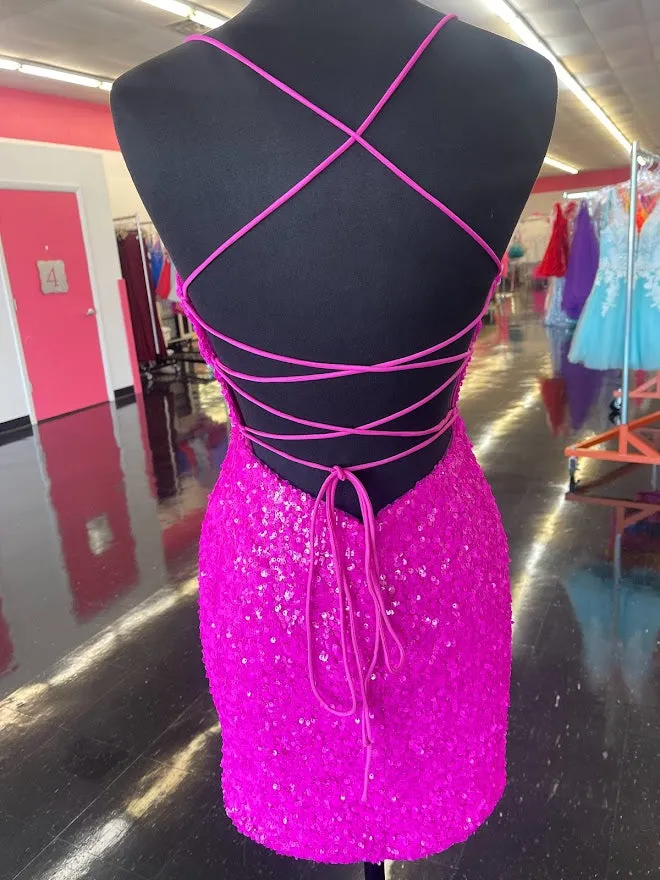 Amarra 87176 Size 6 Magenta Short Sequin Backless Corset Formal Homecoming Dress V Neck Gown