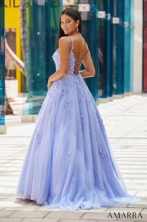 Amarra 88590 Long Shimmer A Line Sheer Lace Ballgown Prom Dress Pockets Backless Corset Gown
