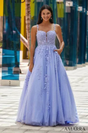 Amarra 88590 Long Shimmer A Line Sheer Lace Ballgown Prom Dress Pockets Backless Corset Gown