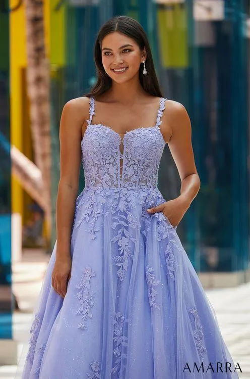 Amarra 88590 Long Shimmer A Line Sheer Lace Ballgown Prom Dress Pockets Backless Corset Gown