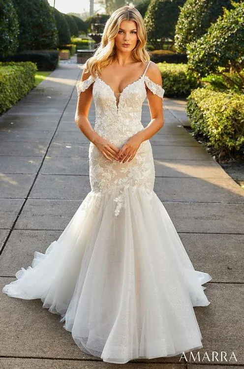 Amarra Bridal Alexa 84398 Lace Mermaid off the shoulder Wedding Gown Train V Neck