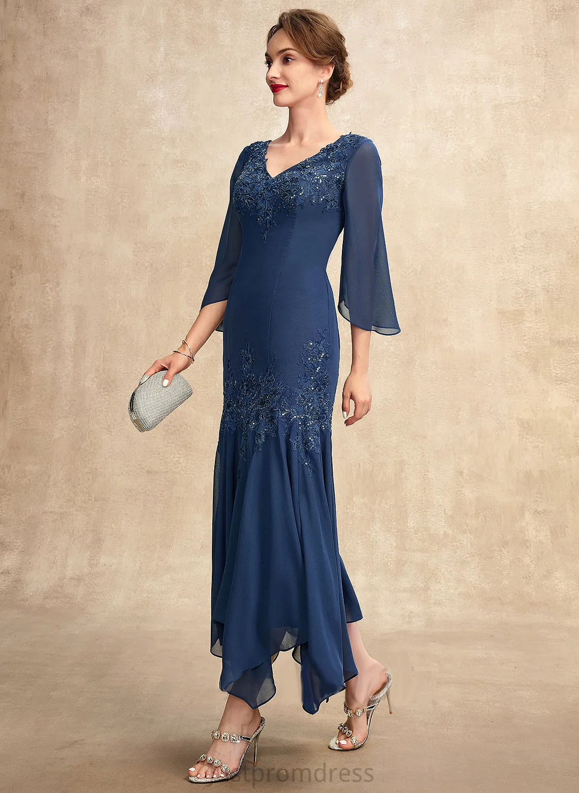 Appliques Trumpet/Mermaid Mother Moriah the With Mother of the Bride Dresses of Lace Dress V-neck Chiffon Bride Ankle-Length Sequins