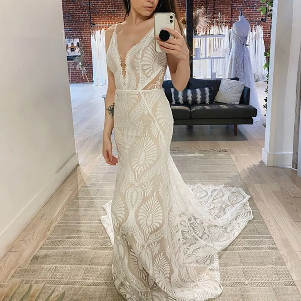 Beach Wedding Mermaid Bridal Gown Deep V-Neck Rustic Lace Dress