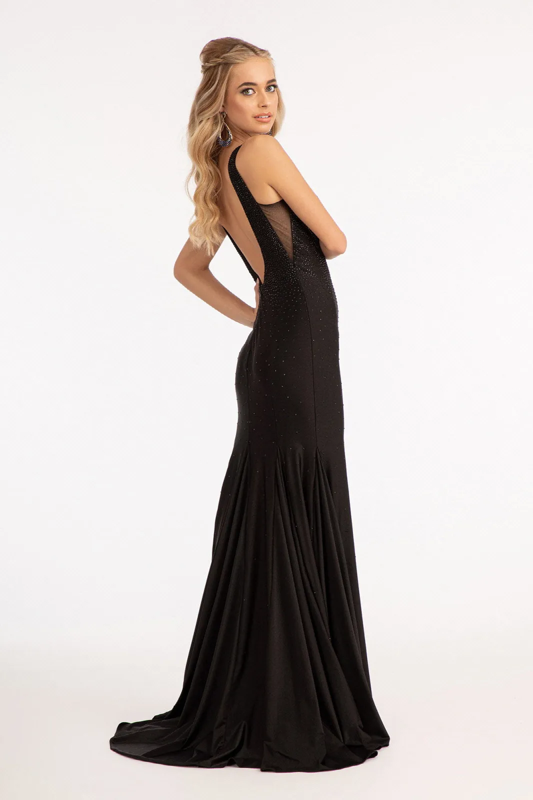 Beads Embellished Jersey Mermaid Dress Open Back and Sheer Sides GLGL3037