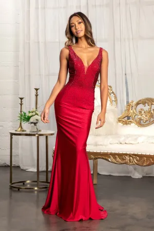Beads Embellished Jersey Mermaid Dress Open Back and Sheer Sides GLGL3037