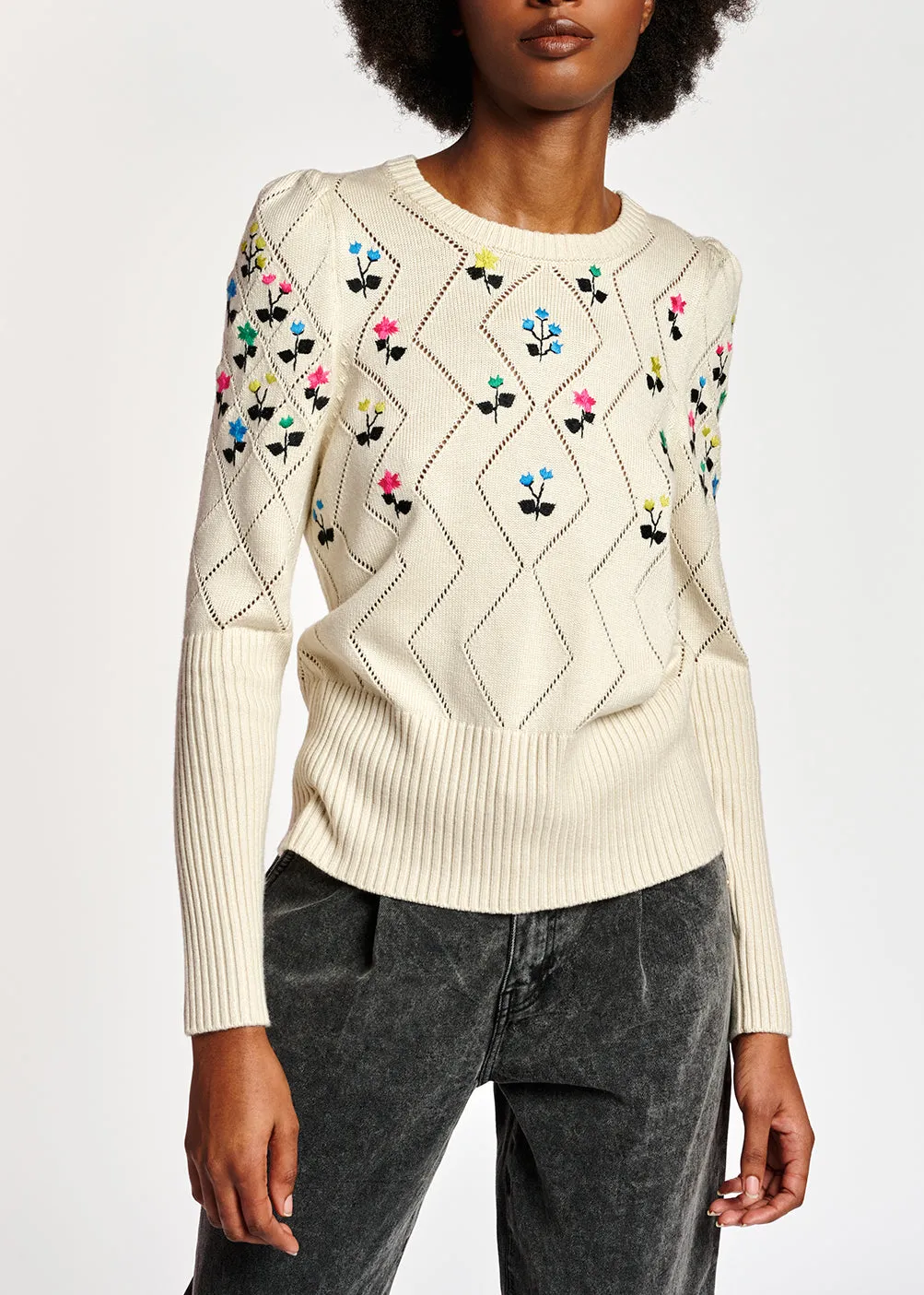 Beige pointelle-knitted sweater with floral embroideries