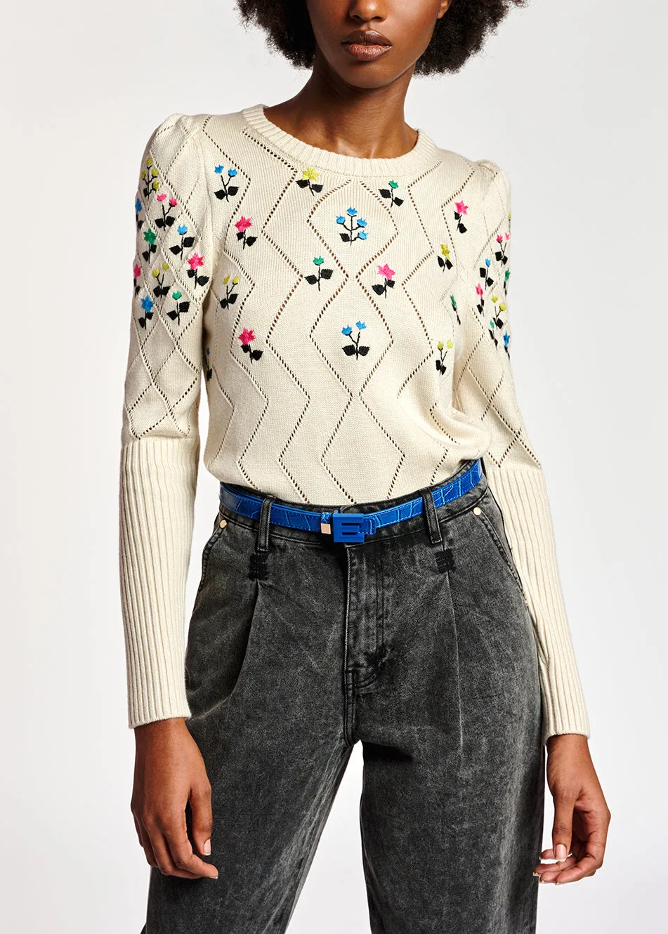 Beige pointelle-knitted sweater with floral embroideries