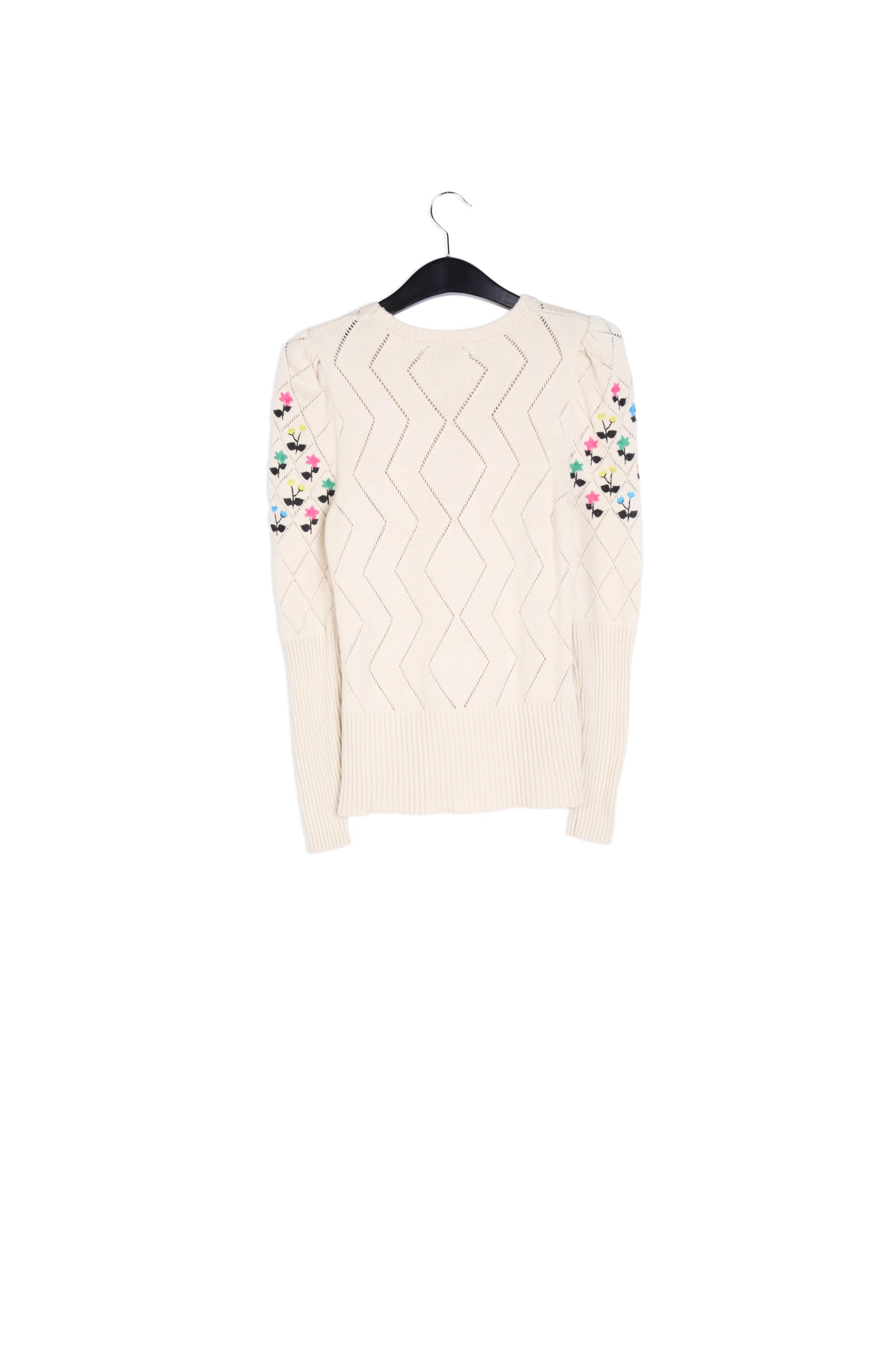 Beige pointelle-knitted sweater with floral embroideries