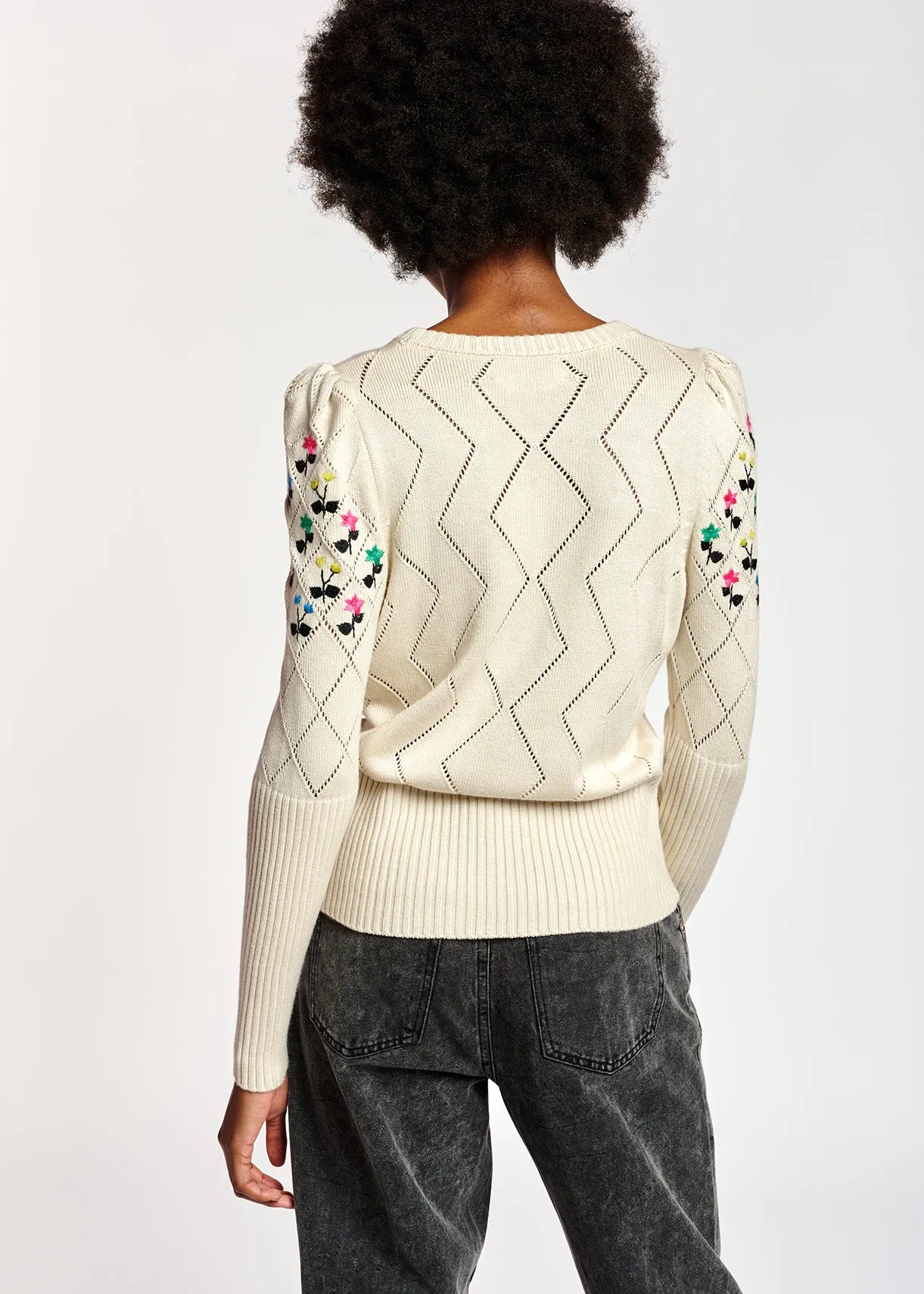 Beige pointelle-knitted sweater with floral embroideries