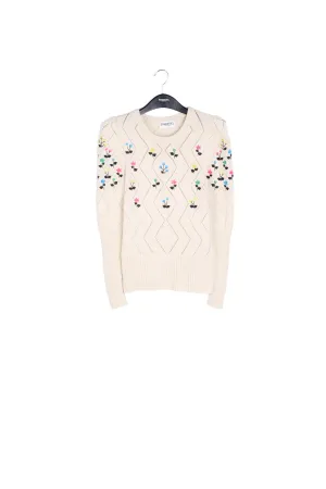 Beige pointelle-knitted sweater with floral embroideries