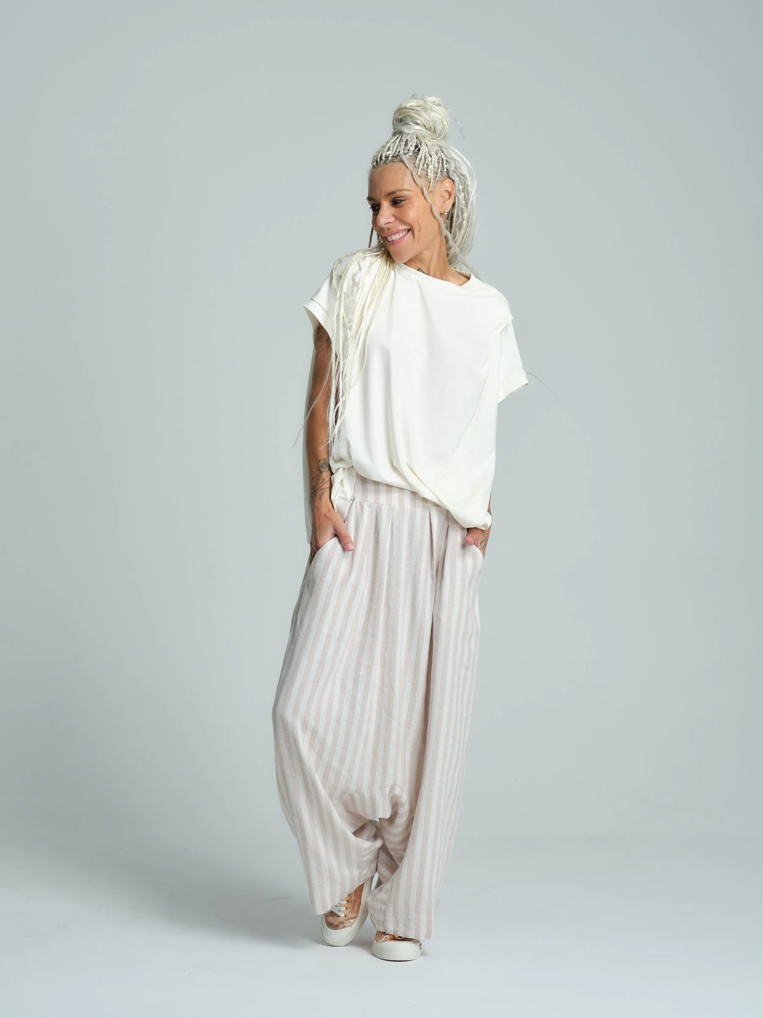 Beige Striped Linen-Blend Harem Pants
