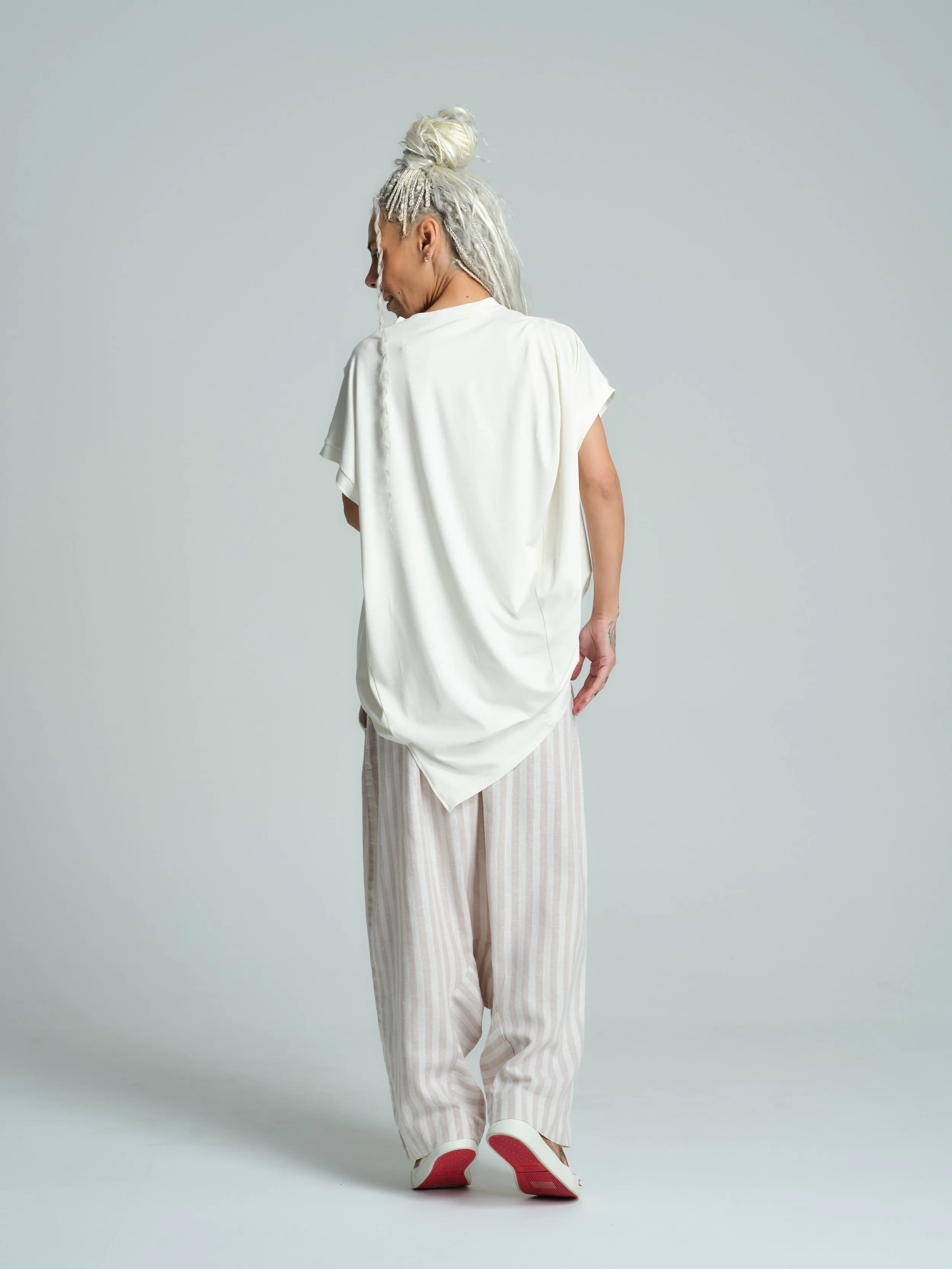 Beige Striped Linen-Blend Harem Pants