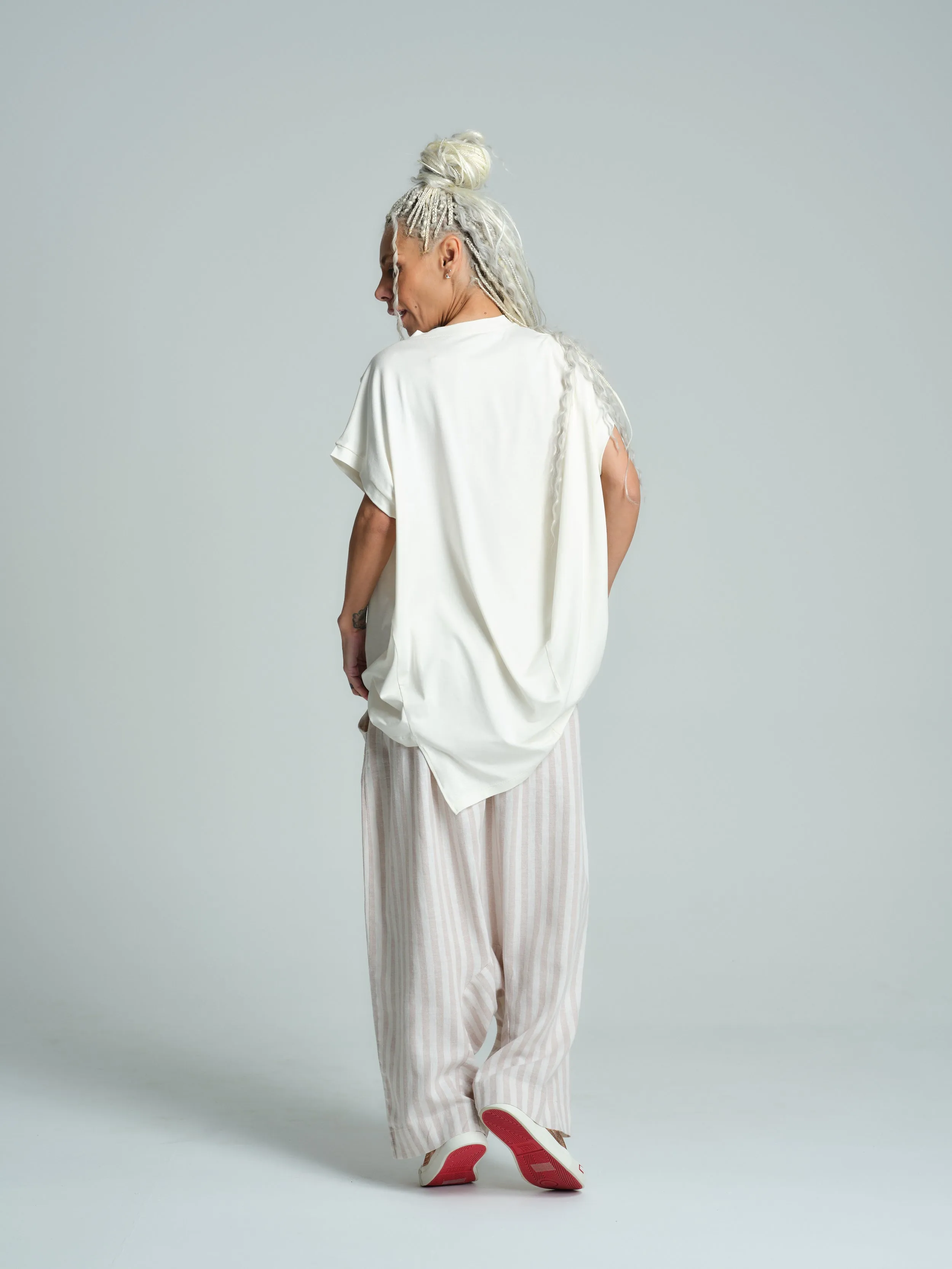 Beige Striped Linen-Blend Harem Pants