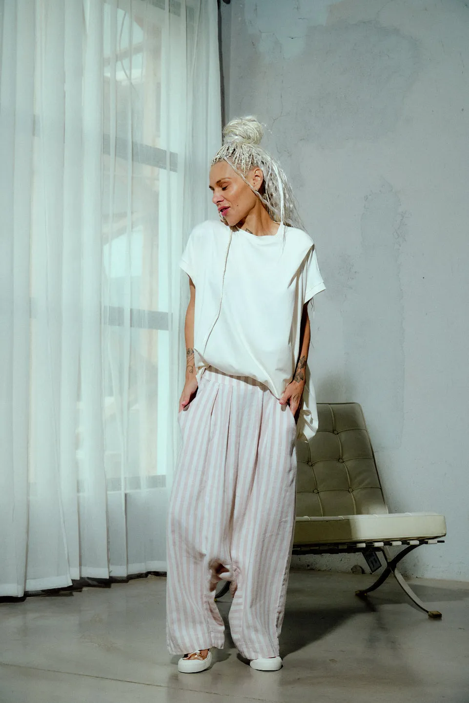 Beige Striped Linen-Blend Harem Pants