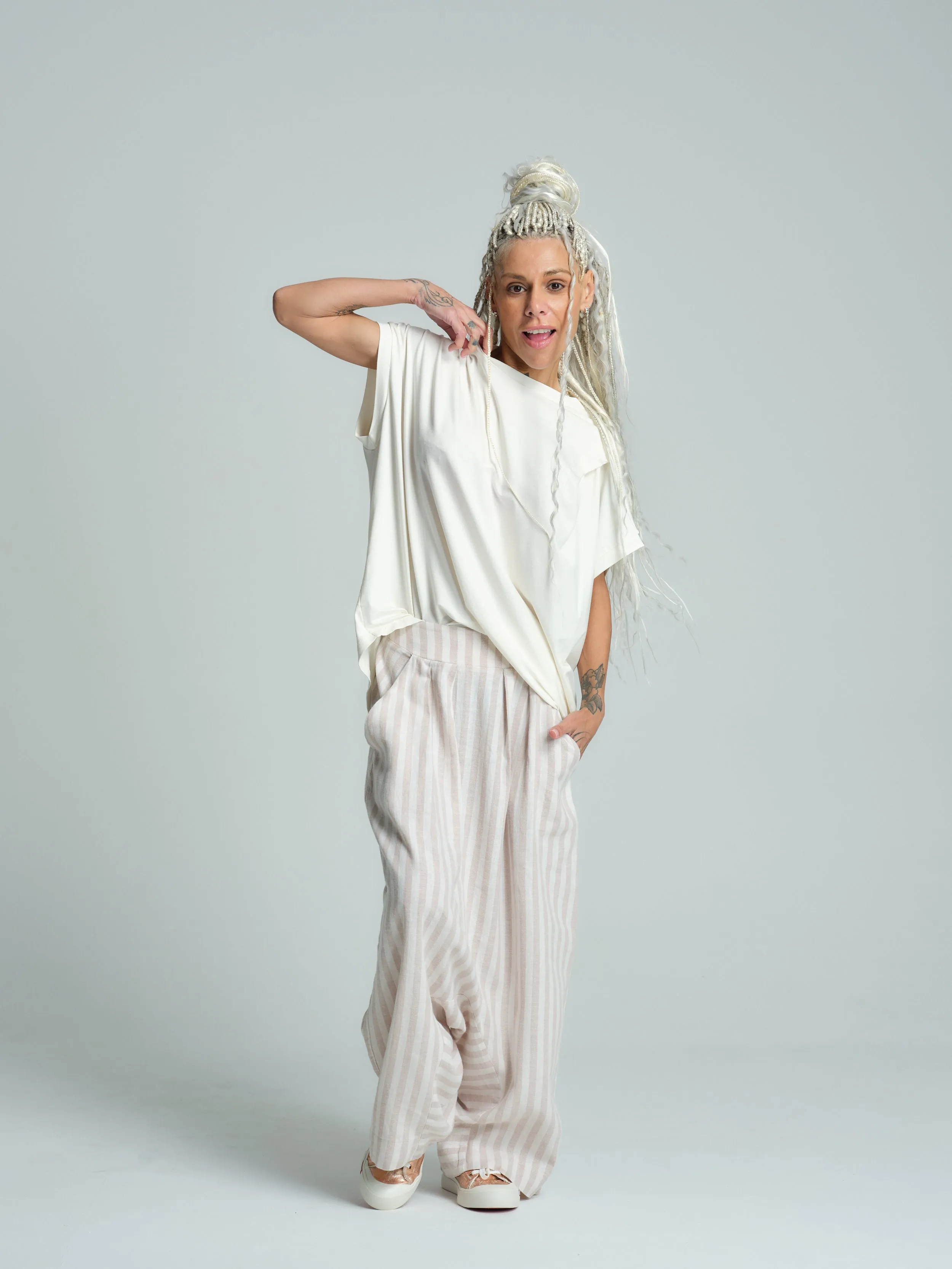 Beige Striped Linen-Blend Harem Pants