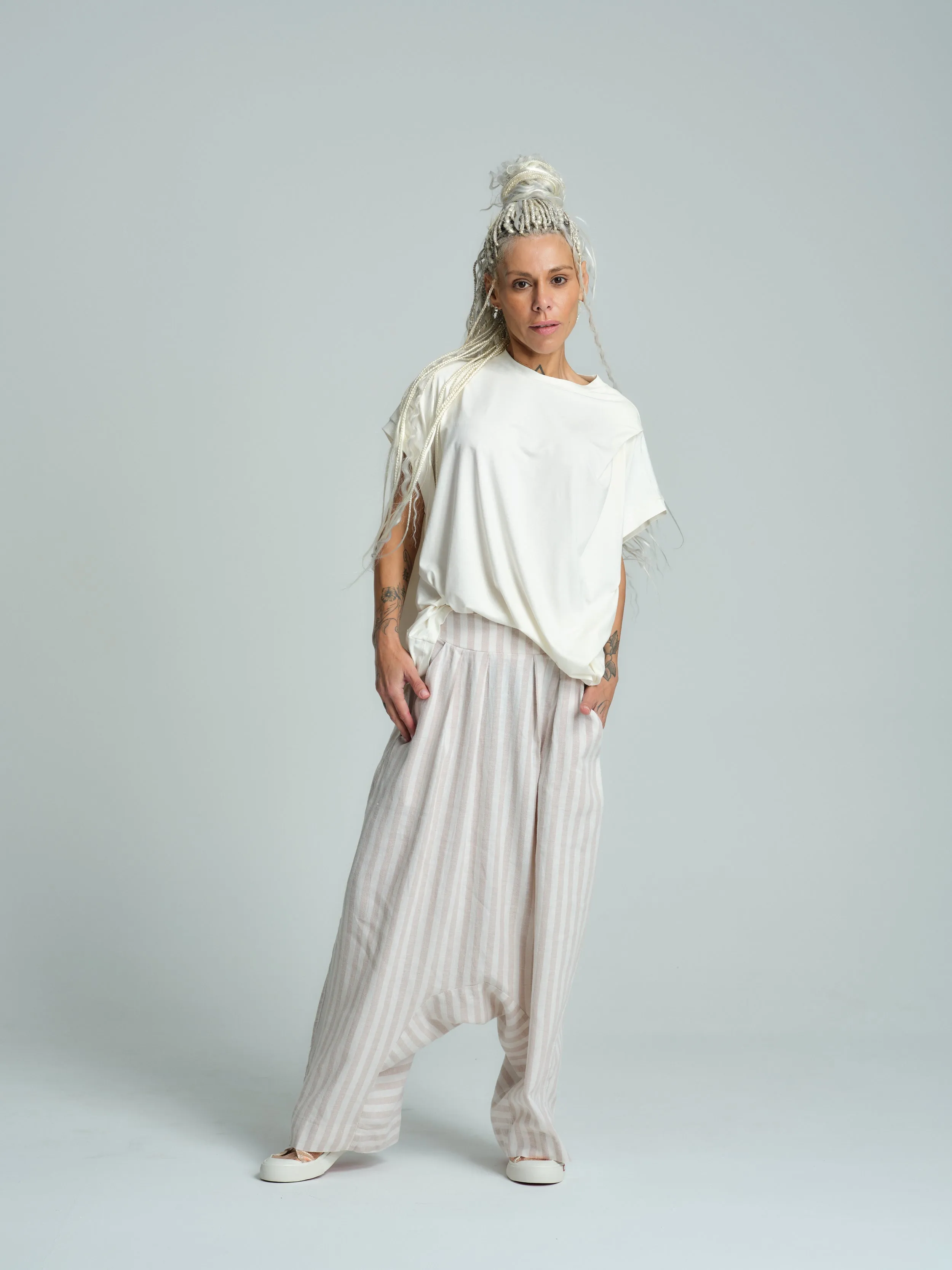 Beige Striped Linen-Blend Harem Pants