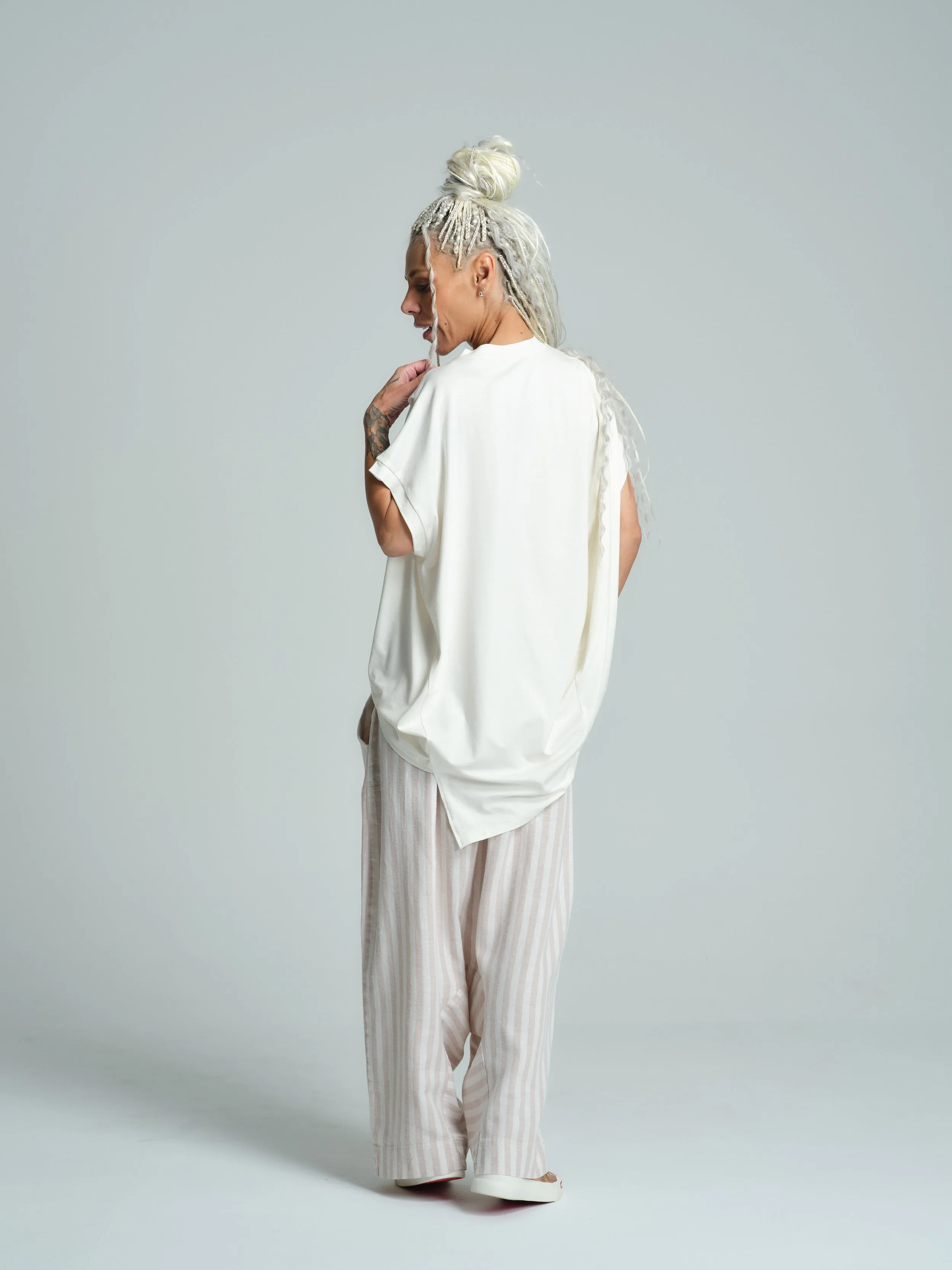 Beige Striped Linen-Blend Harem Pants