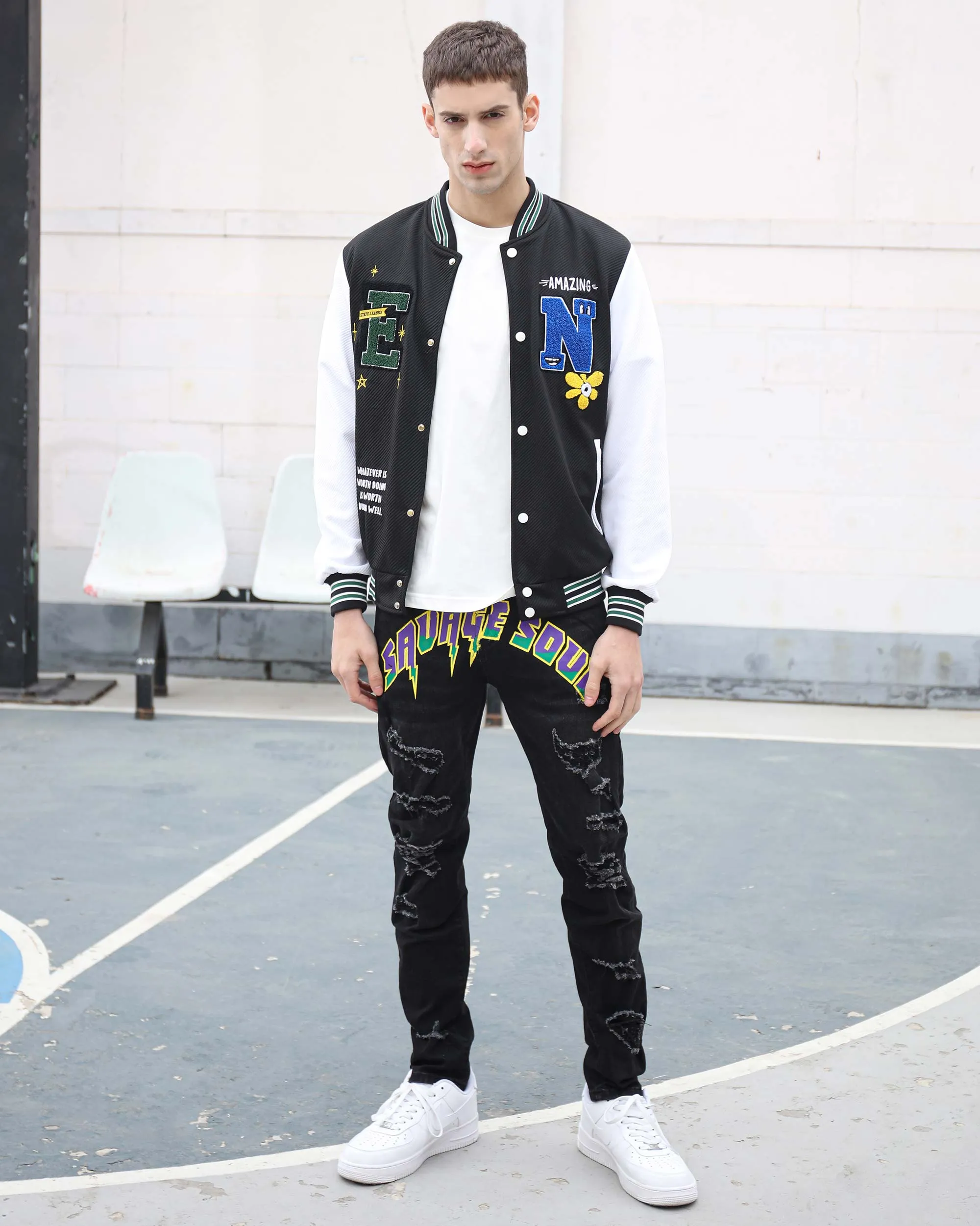Black Graffiti Letters Ripped Slim-fit Jeans-Mexico Local Delivery