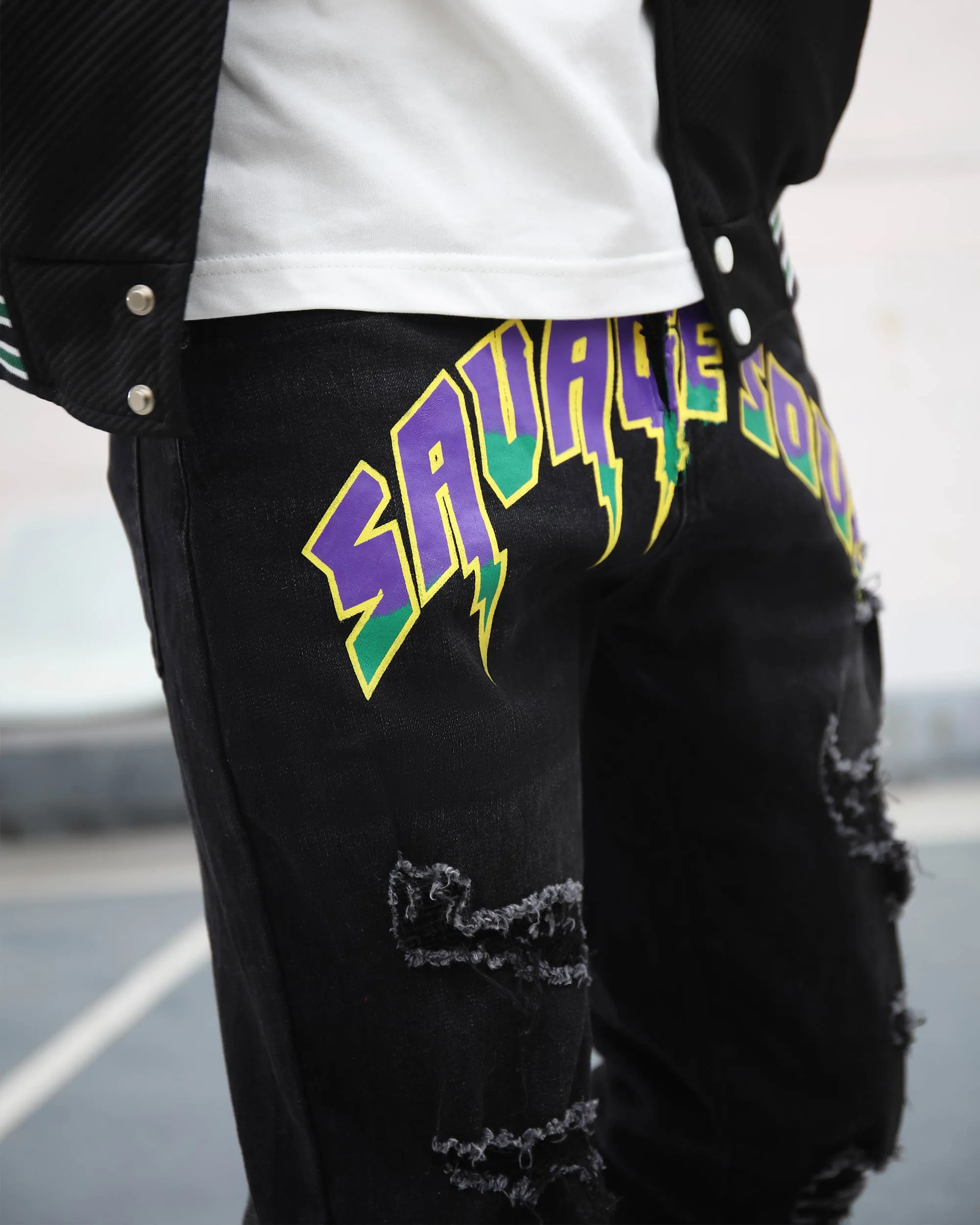 Black Graffiti Letters Ripped Slim-fit Jeans-Mexico Local Delivery