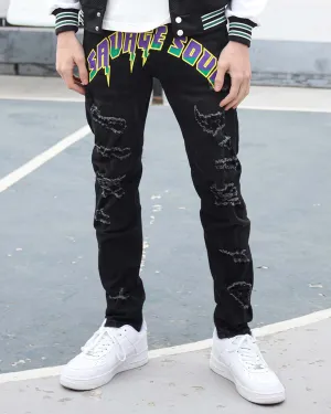 Black Graffiti Letters Ripped Slim-fit Jeans-Mexico Local Delivery