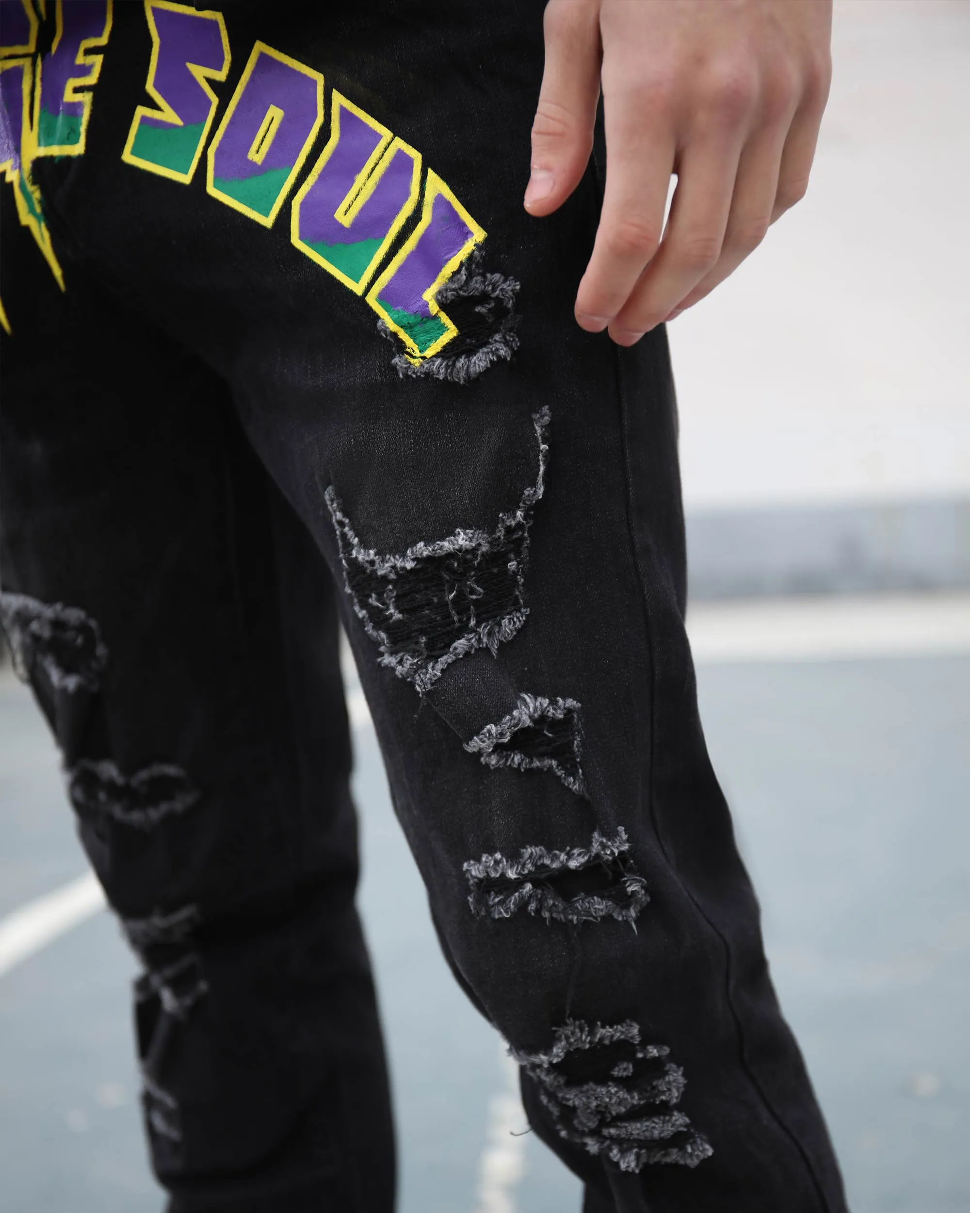 Black Graffiti Letters Ripped Slim-fit Jeans-Mexico Local Delivery