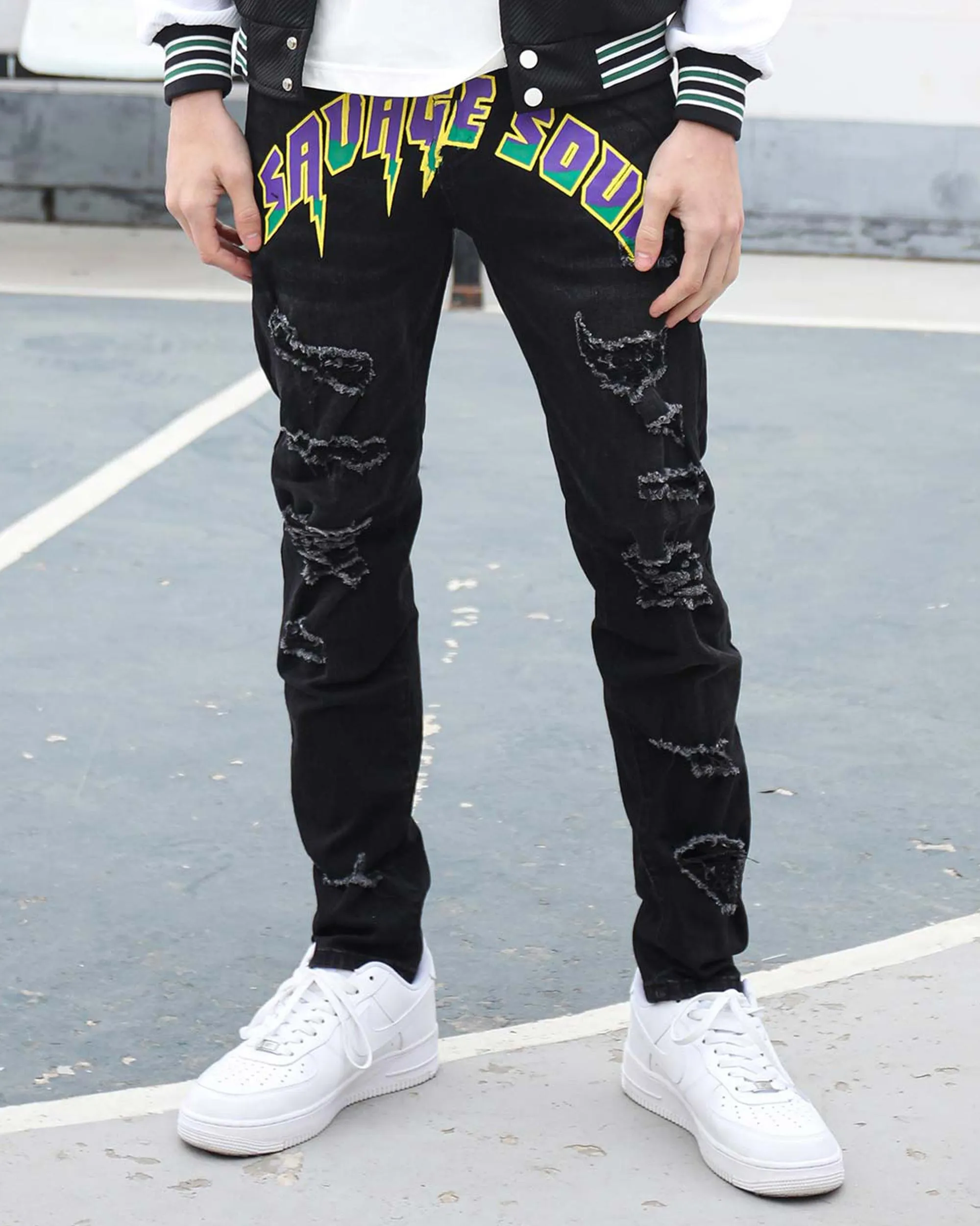 Black Graffiti Letters Ripped Slim-fit Jeans-Mexico Local Delivery
