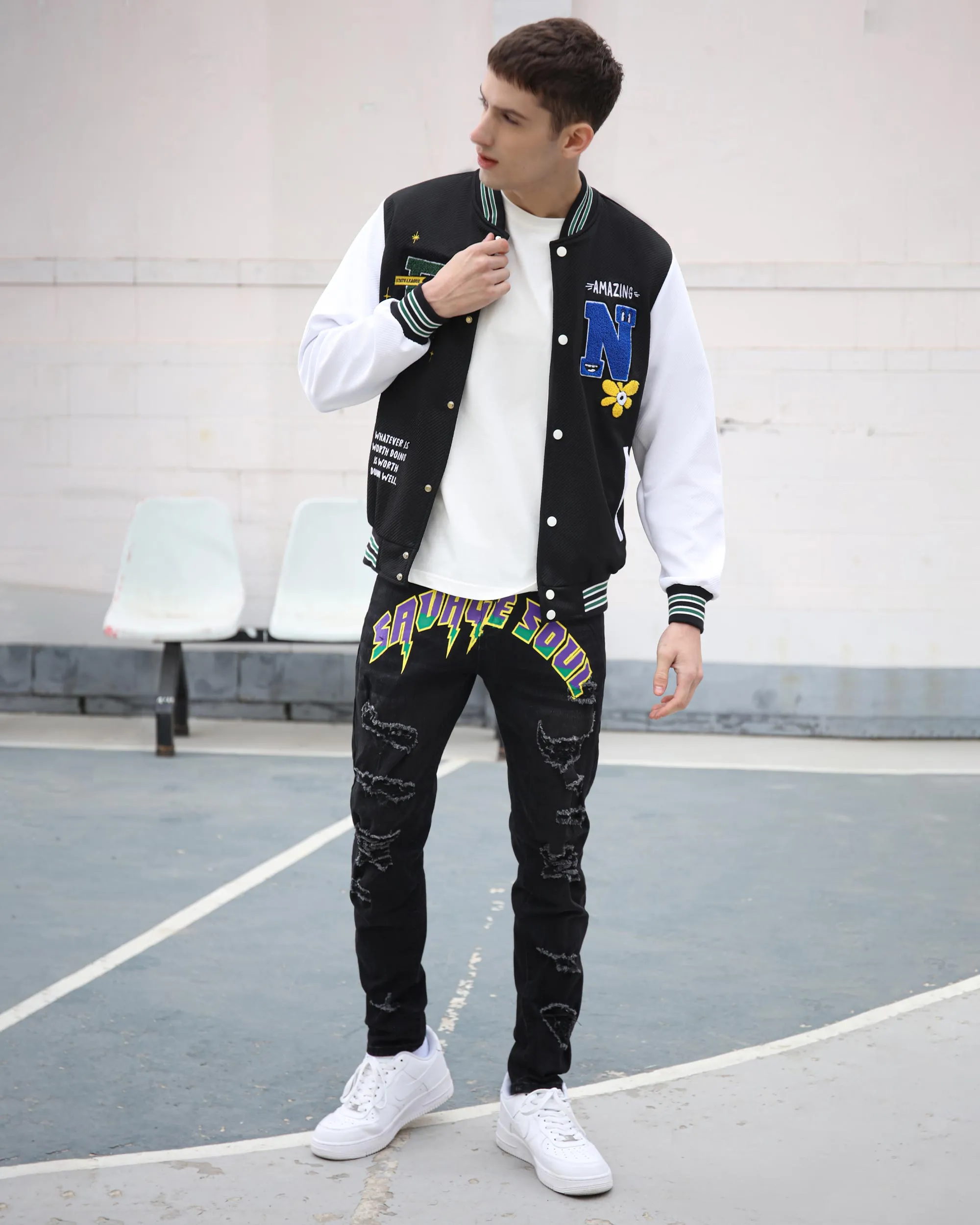 Black Graffiti Letters Ripped Slim-fit Jeans-Mexico Local Delivery