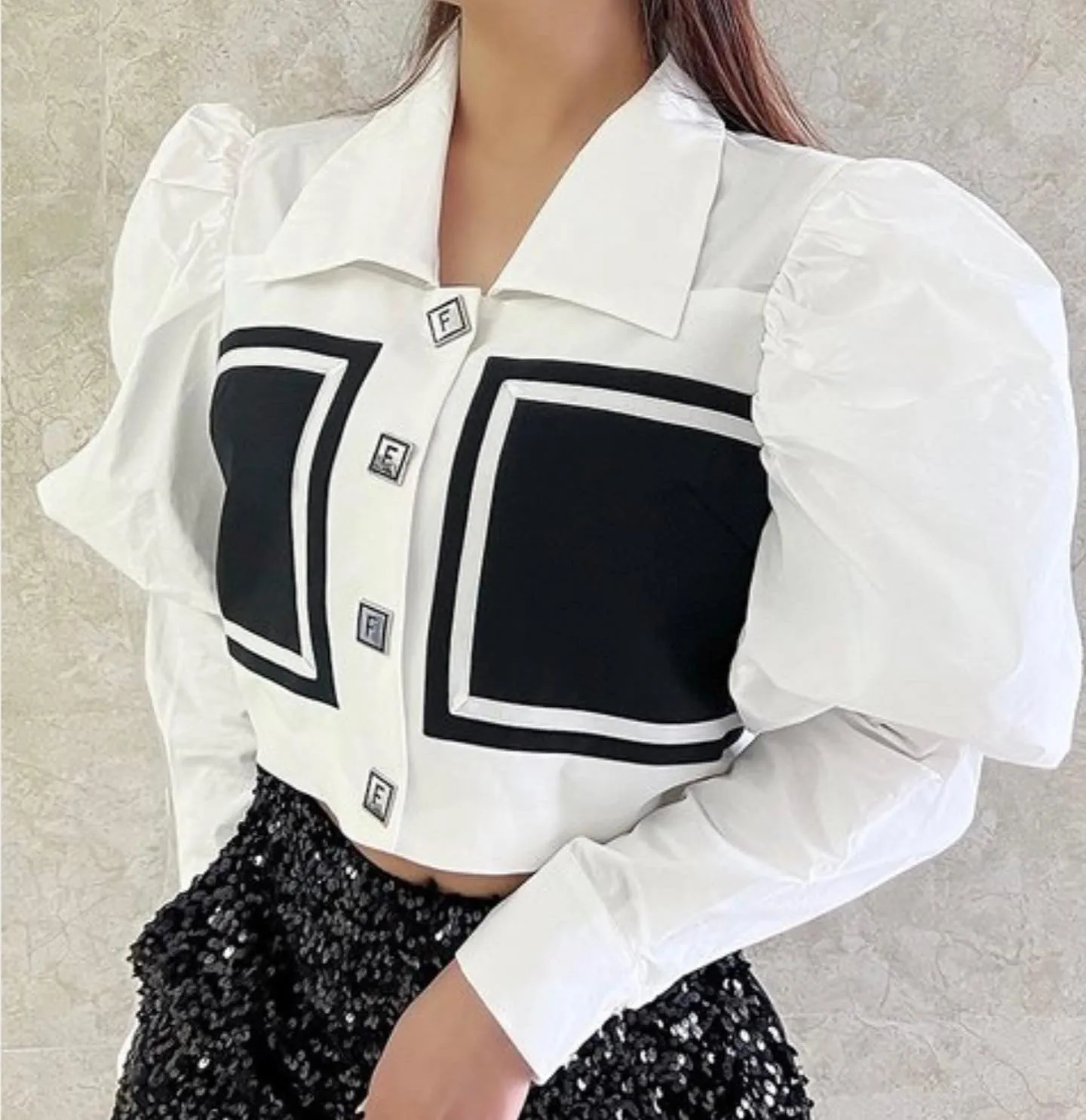 Black stone Puff Sleeve Blouse