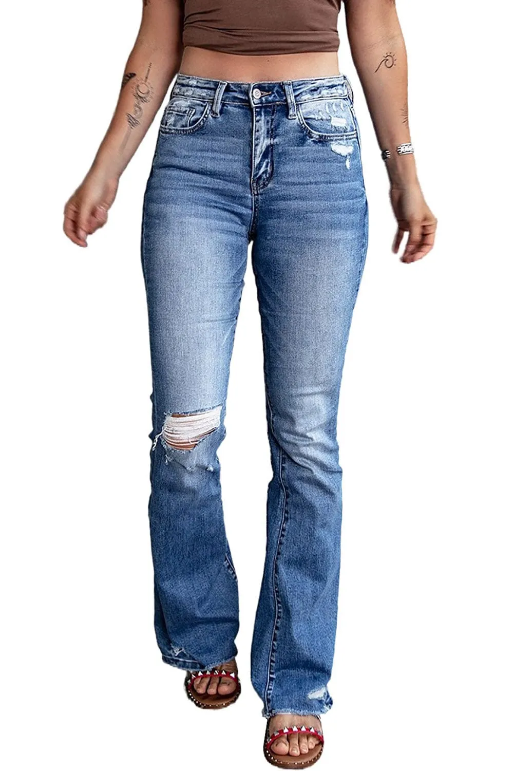 Blue Denim Flared Distressed Jeans