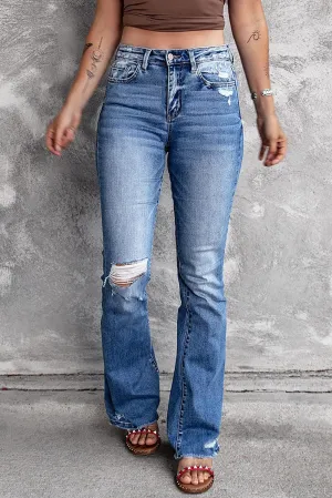 Blue Denim Flared Distressed Jeans