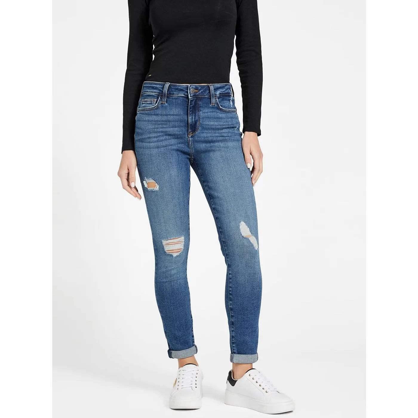Blue Mid Rise Ripped Skinny Jeans