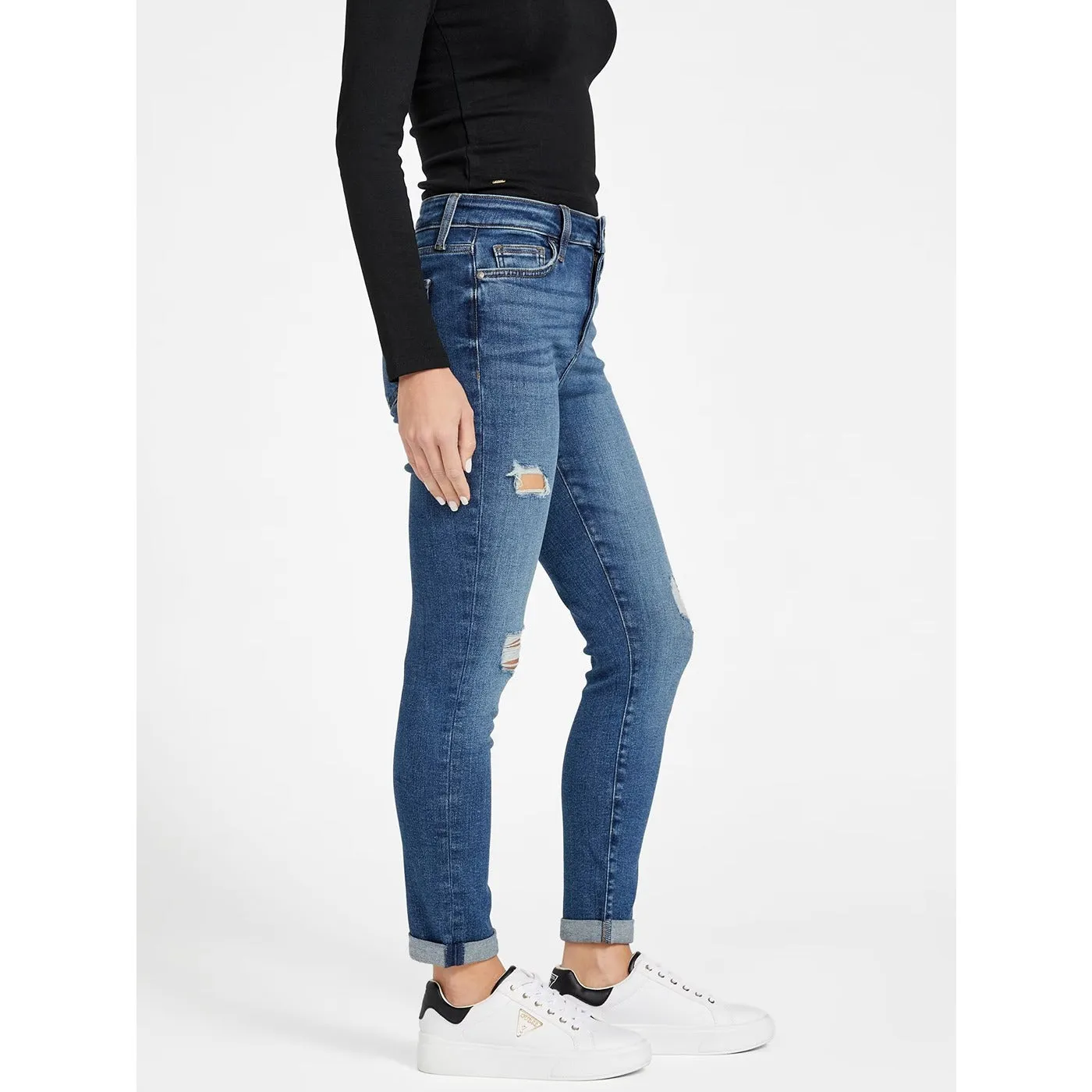 Blue Mid Rise Ripped Skinny Jeans