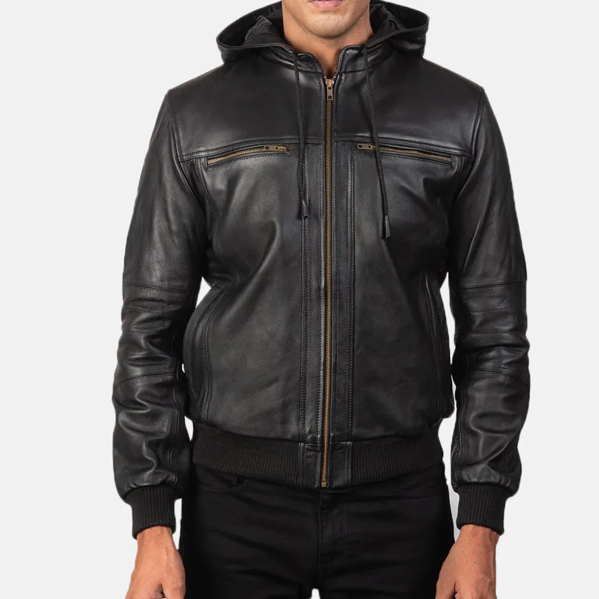 BOMBER-2411 Mush Black Leather Bomber Jacket