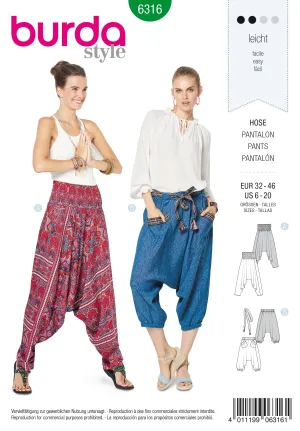BURDA - 6316 Sarouel Pants/Trousers – Harem Pants/Trousers – Shirred Waistband