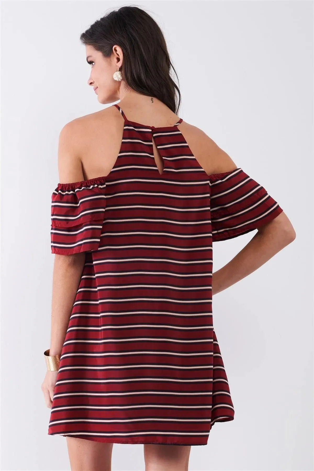 Burgundy Striped Print Cold Shoulder Puff Sleeve Racer Back Detail Relaxed Mini Dress /1-2-2-1