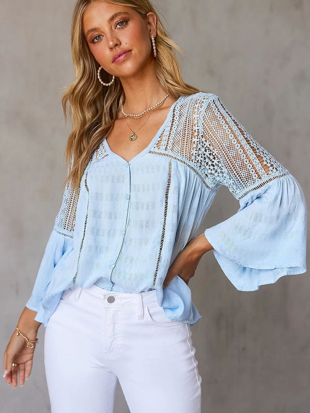 Casual Crochet-Detail Button-Up