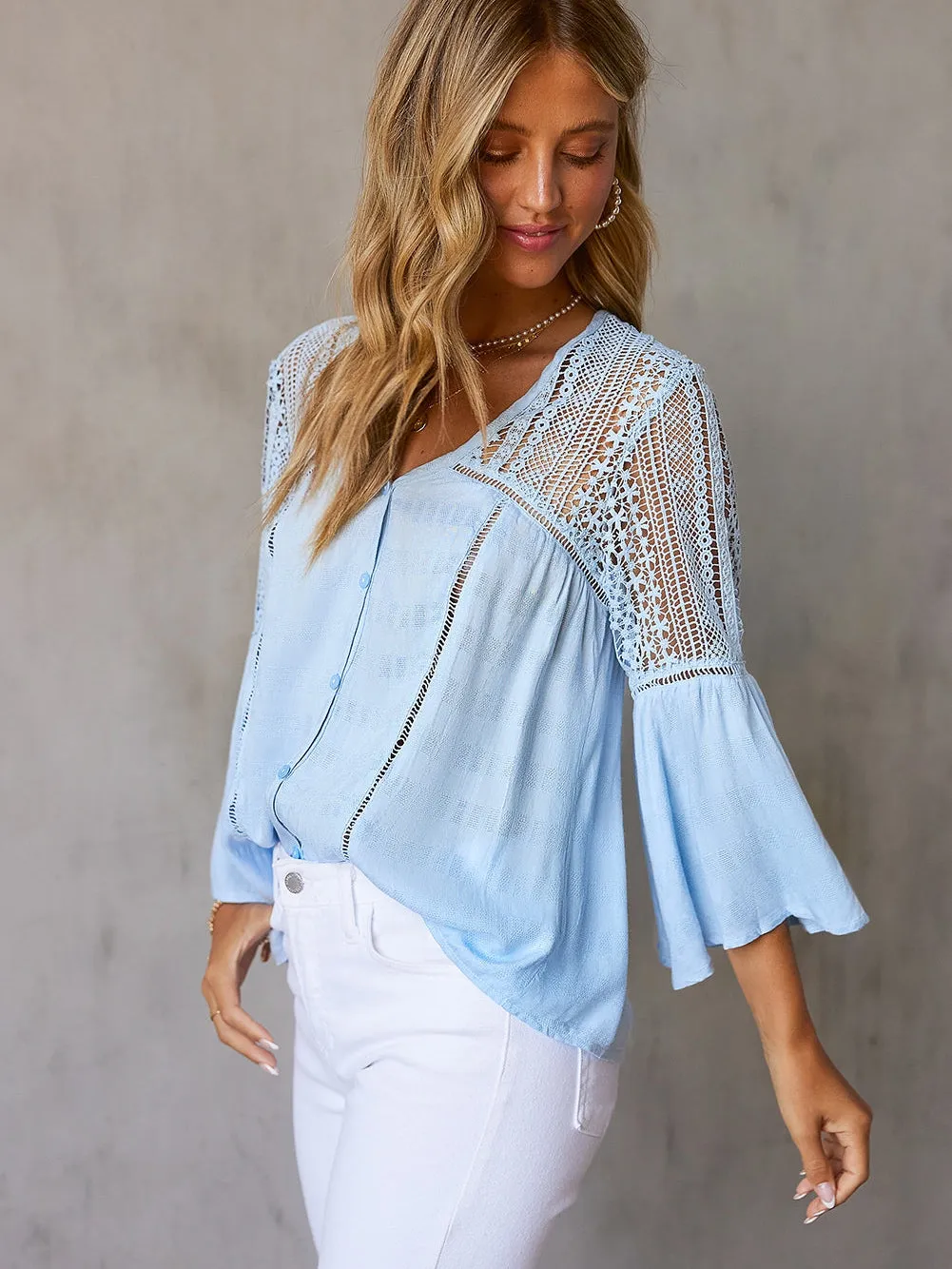 Casual Crochet-Detail Button-Up