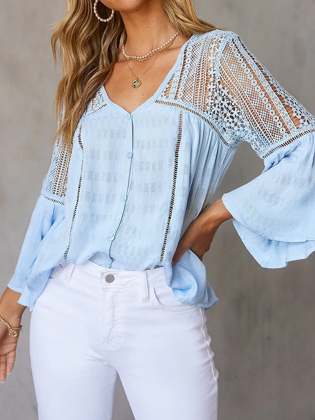 Casual Crochet-Detail Button-Up