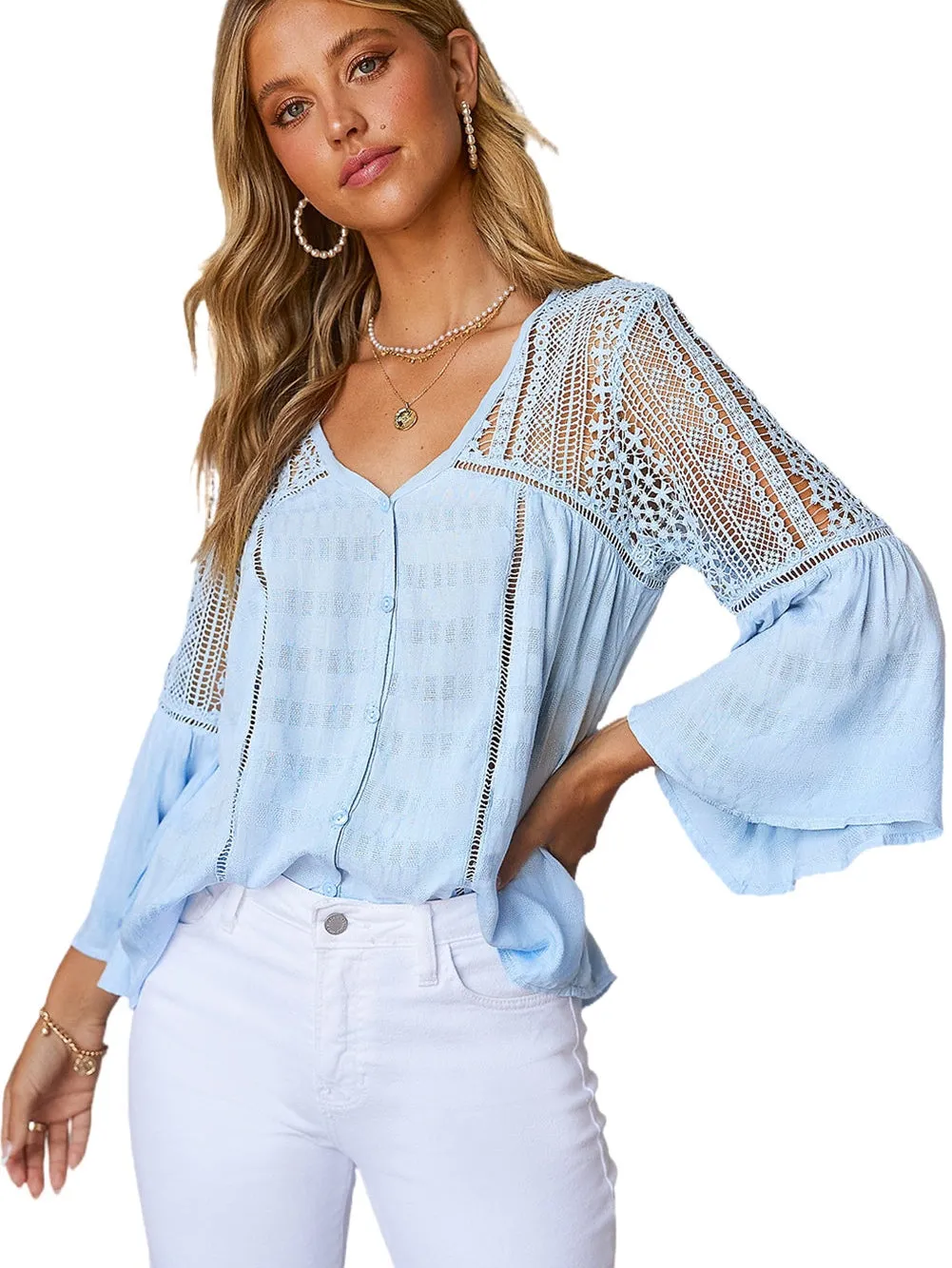 Casual Crochet-Detail Button-Up