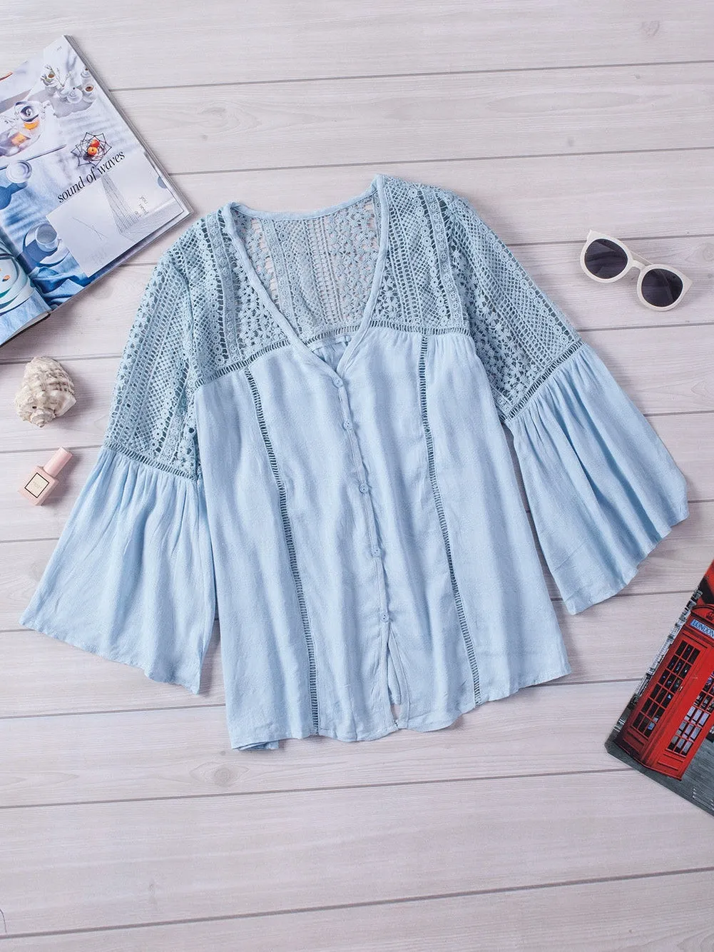 Casual Crochet-Detail Button-Up
