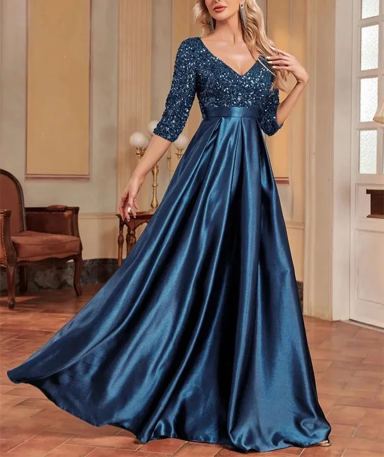 CC Elegant Satin Short sleeve Sequins Evening Dress/Floor Length Formal Cocktail Gown