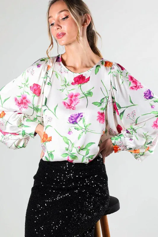Champagne Puff Long Sleeve Floral Print Satin Blouse Top