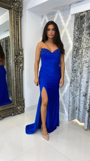 Cobalt Blue Strapless Detail Open Back Evening Gown