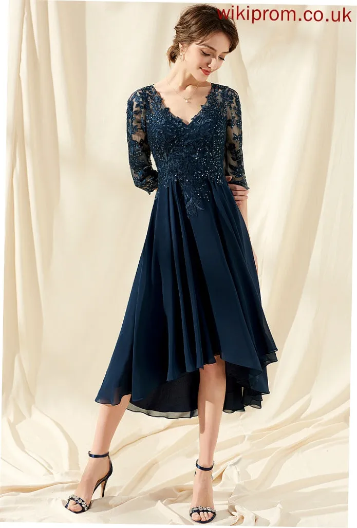 Cocktail Asymmetrical Cocktail Dresses V-neck Kaitlyn Chiffon Sequins Dress With Lace A-Line