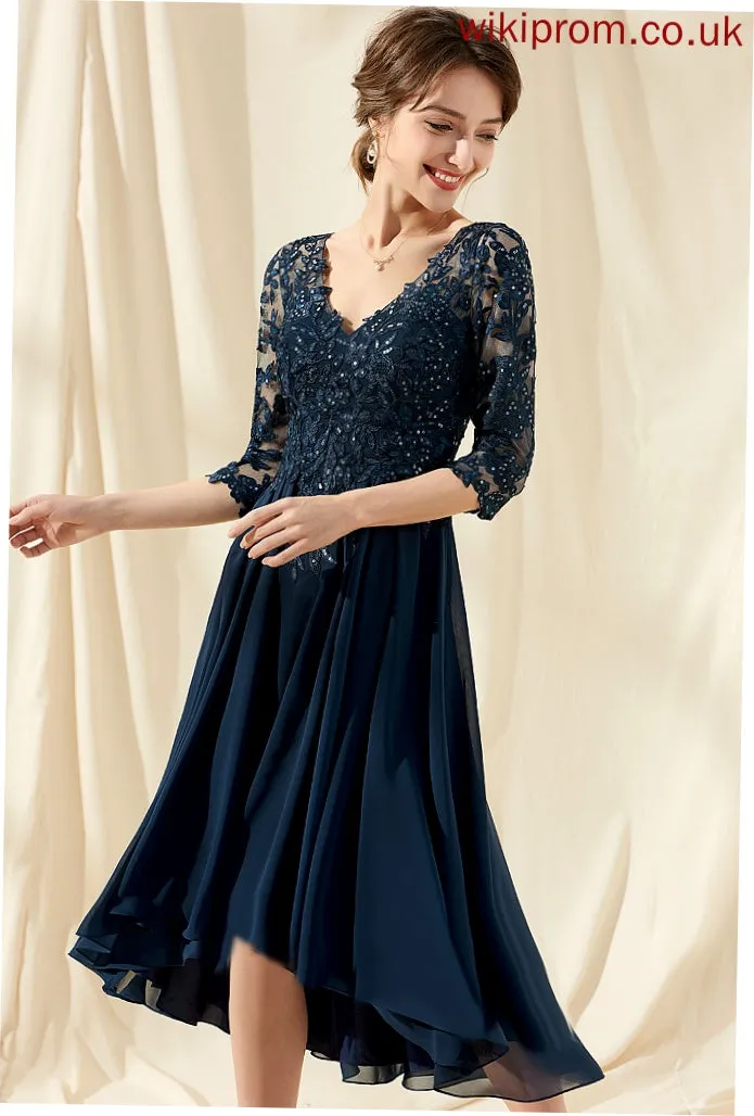 Cocktail Asymmetrical Cocktail Dresses V-neck Kaitlyn Chiffon Sequins Dress With Lace A-Line
