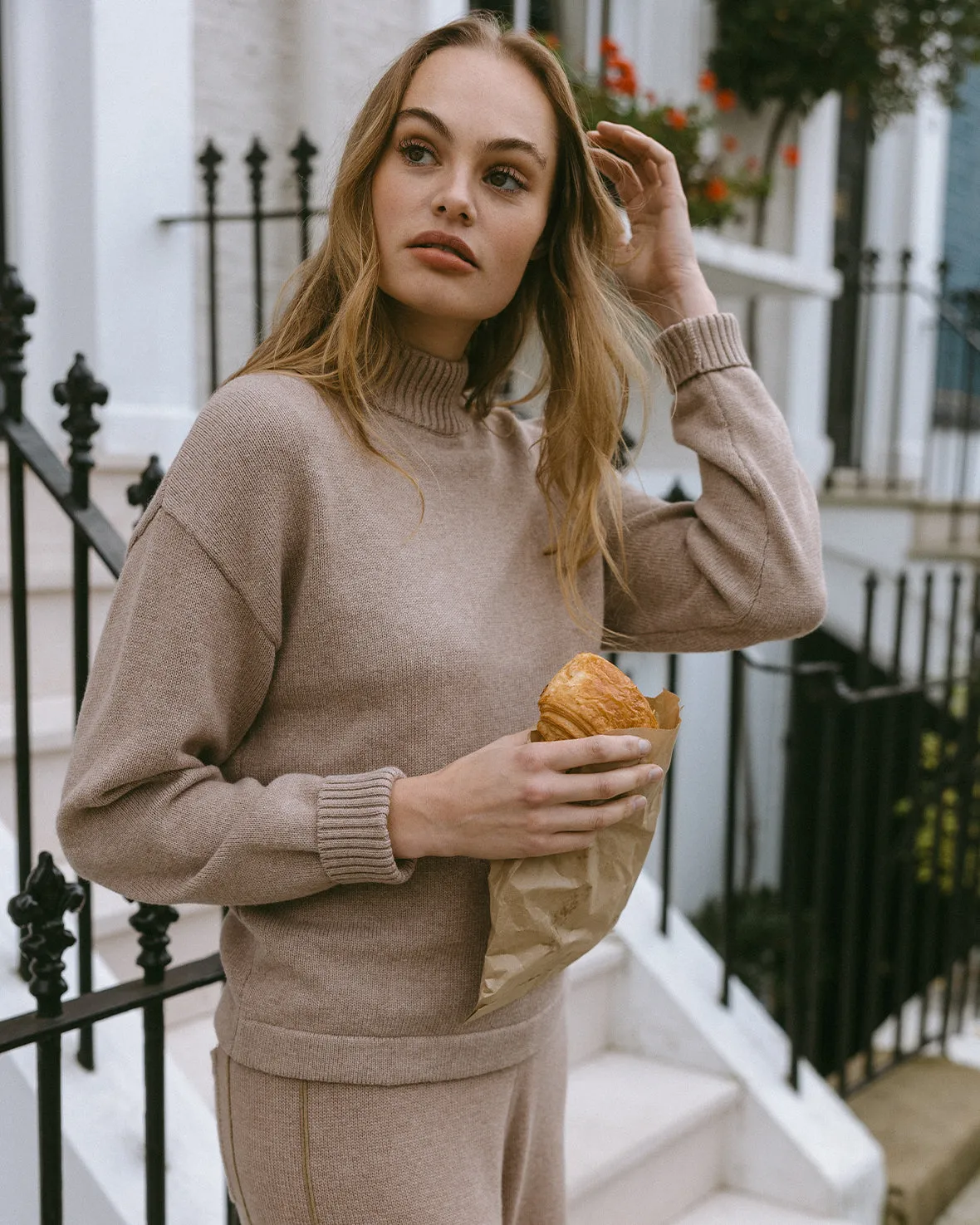 Cotton Cashmere Blend Knitted High Neck Sweatshirt