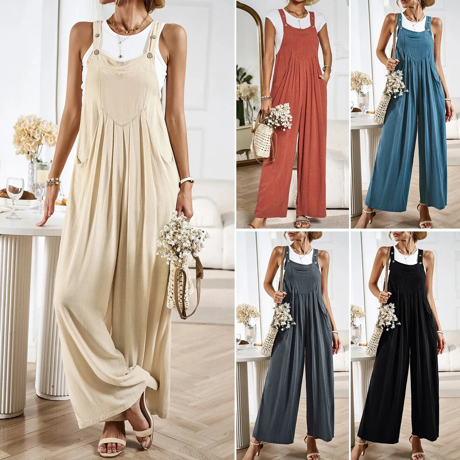 Cotton Linen Wide Leg Maxi Jumpsuits  Vintage Solid Casual